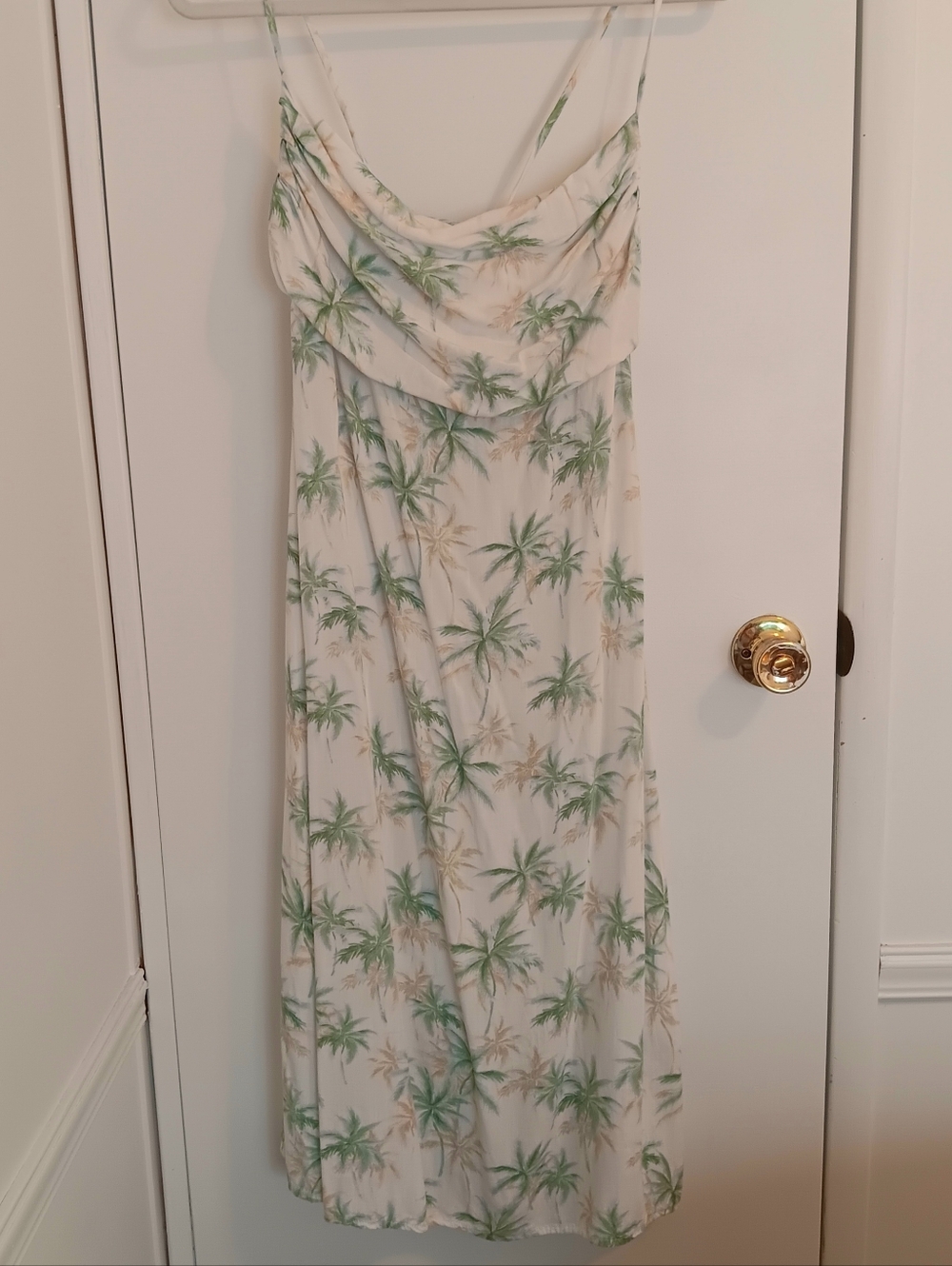 Midi Slip Dress Off White & Green Palm Print Cowl Front Stappy Keyhole Back - Picture 2 of 8